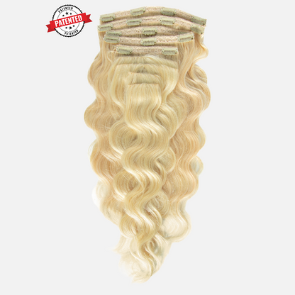 Upgrade from competitor's Follicle Fusion™ Clip-ins to our Patented InVisiRoot® Clip-ins. Experience True Undetectable Results: This is Cassie Blonde Cambodian Body Wavy  texture InVisiRoot® Clip-ins